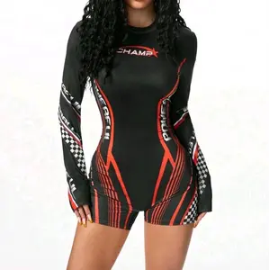Y2K Street-Style Racing Motor Print Tight Short Jumpsuit