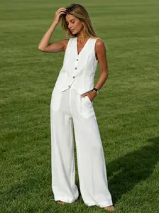 Women's Chic Patchwork Vest and Wide Leg Pants 2 Piece Set Elegant Sleeveless Waistcoat Trousers Co-ord for Daily Casual and Office Wear