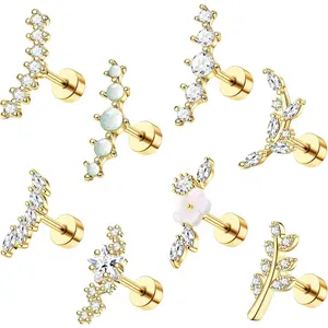Thunaraz 8-Piece 16G Stainless Steel Body Jewelry Set - Cat Eye Stone, CZ Rhinestones Stud Earrings for Flat-Back Tragus, Helix, Conch Piercings