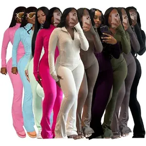 Women’s 2-Piece Lounge Set – Cozy Zip-Up Crop Jacket & Flare Pants Tracksuit |       Stretchy Workout Outfit for Home, Gym & Streetwear