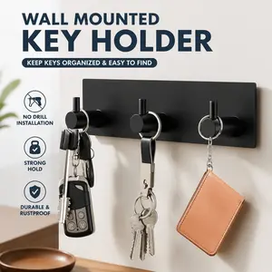Key Holder Wall Mount, Small Black Metal Self Adhesive Key Hanger with 3 Hooks, No Drilling Wall Key Rack with Extra Adhesive Strip for Entryway, Door, Hallway, Kitchen, Office, Apartment and Small Space Organization