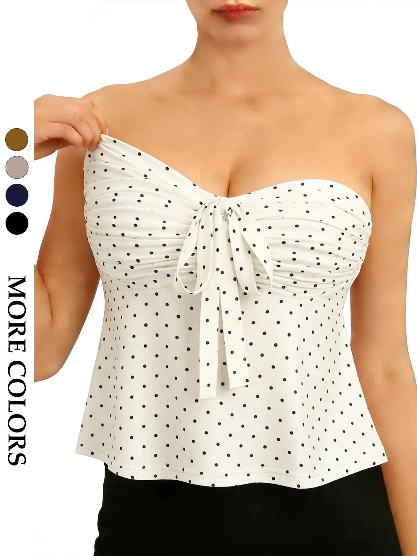 Women's French Vintage Polka Dot Halter Top, Bow Tie Design Ruched Waist Slimming Strapless Knit Sweater, Sweet Cool Style for Vacation Date Party Womenswear