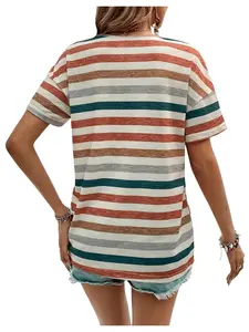 SweatyRocks Women's Colorful Striped Drop Shoulder T Shirts V Neck Short Sleeve Retro Tee Tops
