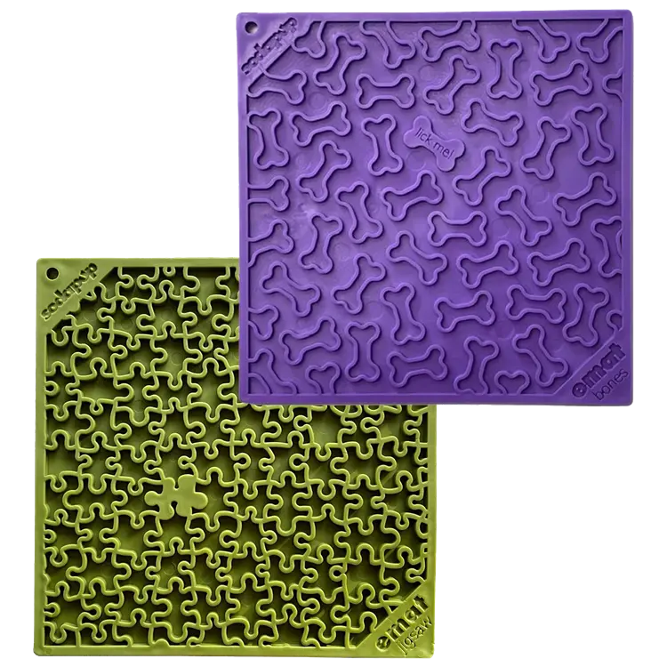 SodaPup Large Green Jigsaw & Large Purple Bones eMat Lick Mat Bundle for Fast Eaters - Calming Licking Challenge & Easy Clean Design - 8" x 8" Feeding Tray