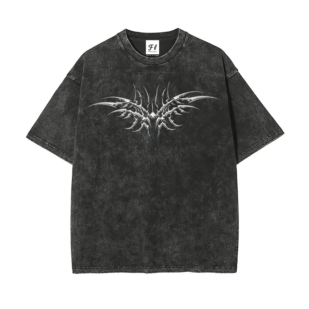 Men's Acid Wash Vintage Grey Heavyweight Cotton T-Shirt - Oversized, Printed Y2K Cyber Sigilism, Tribal Chrome Graphic, Gothic Grunge Streetwear Top (Printed Design - Not Textured)