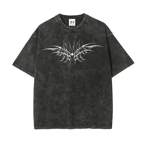 Men's Acid Wash Vintage Grey Heavyweight Cotton T-Shirt - Oversized, Printed Y2K Cyber Sigilism, Tribal Chrome Graphic, Gothic Grunge Streetwear Top (Printed Design - Not Textured)