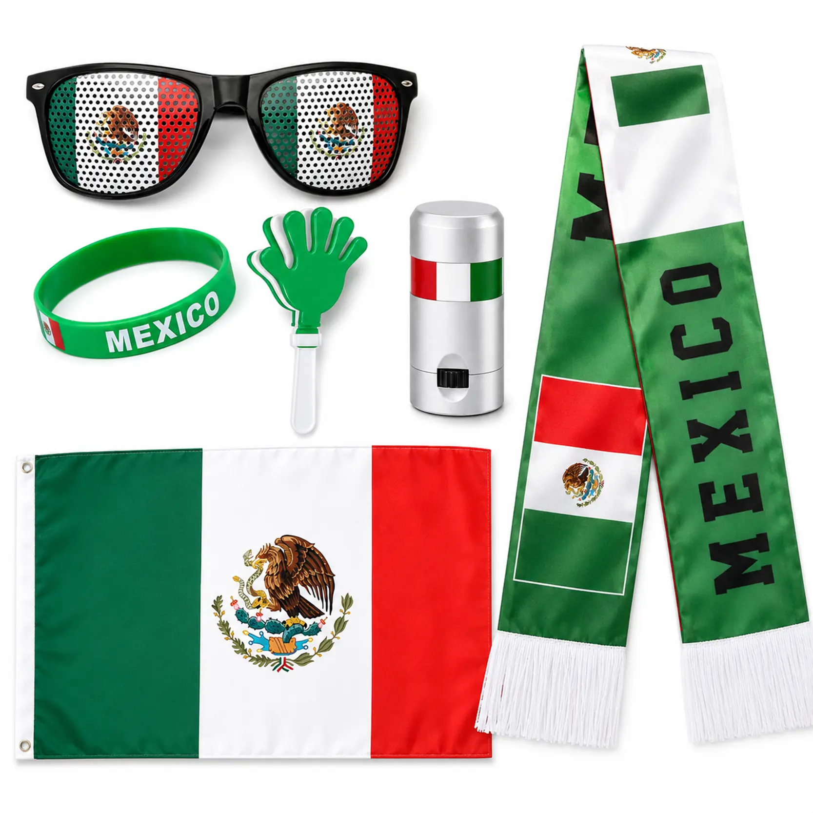 Mexico Fan Accessory Set 6 Piece Mexican Flag Cheering Kit with Scarf Flag Perforated Sunglasses Wristband Hand Clapper and Face Paint Stick for Soccer Matches Watch Parties Festivals and Sports Events