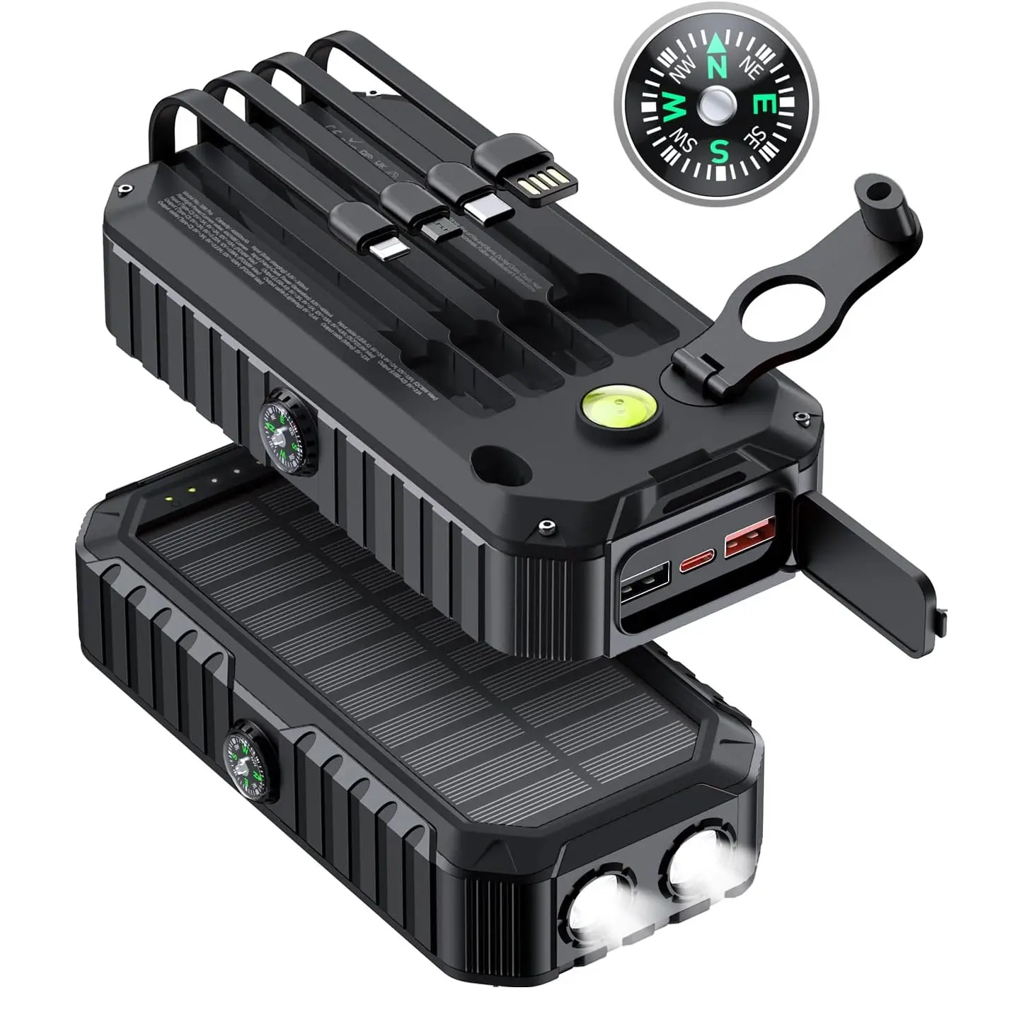 40000mAh Solar Charger Power Bank Built in 4 Cables and Hand Crank, Portable Charger 22.5W Fast Charger 6 Outputs & 4 Inputs External Battery Pack with Bright Flashlight and Compass, for travel