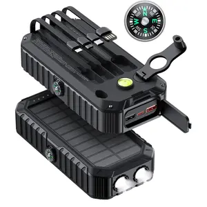 Solar Charger Power Bank 40000mAh Built in 4 Cables and Hand Crank, Portable Charger 22.5W Fast Charger 6 Outputs & 4 Inputs External Battery Pack with Bright Flashlight and Compass