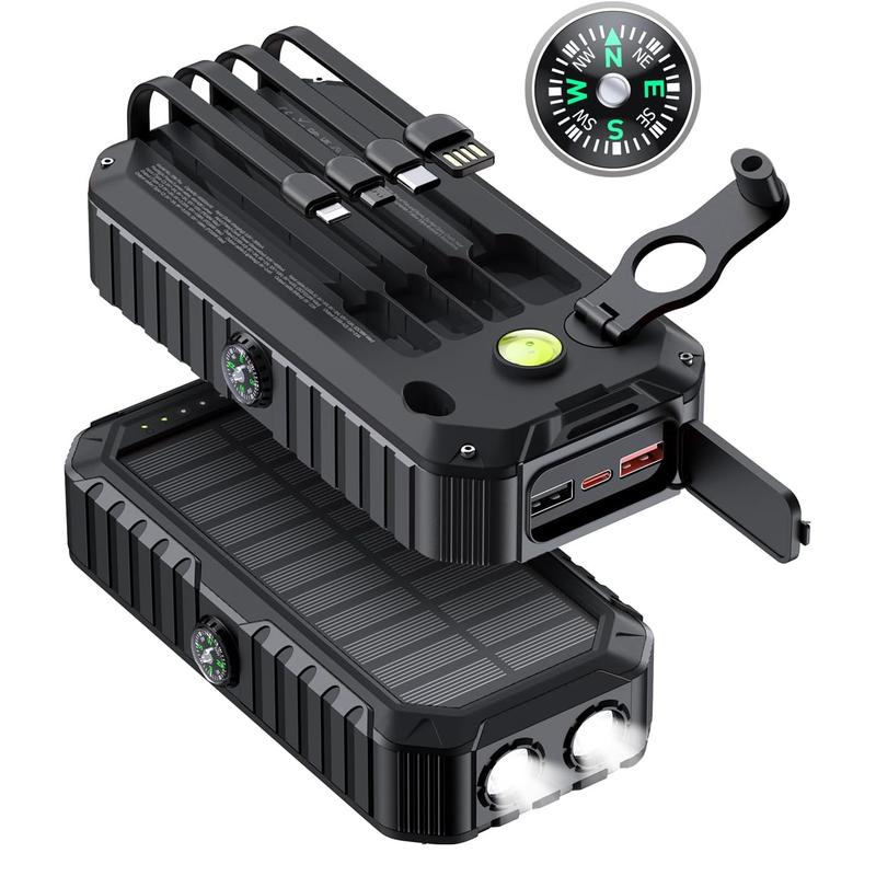 Solar Charger Power Bank 40000mAh Built in 4 Cables and Hand Crank, Portable Charger 22.5W Fast Charger 6 Outputs & 4 Inputs External Battery Pack with Bright Flashlight and Compass