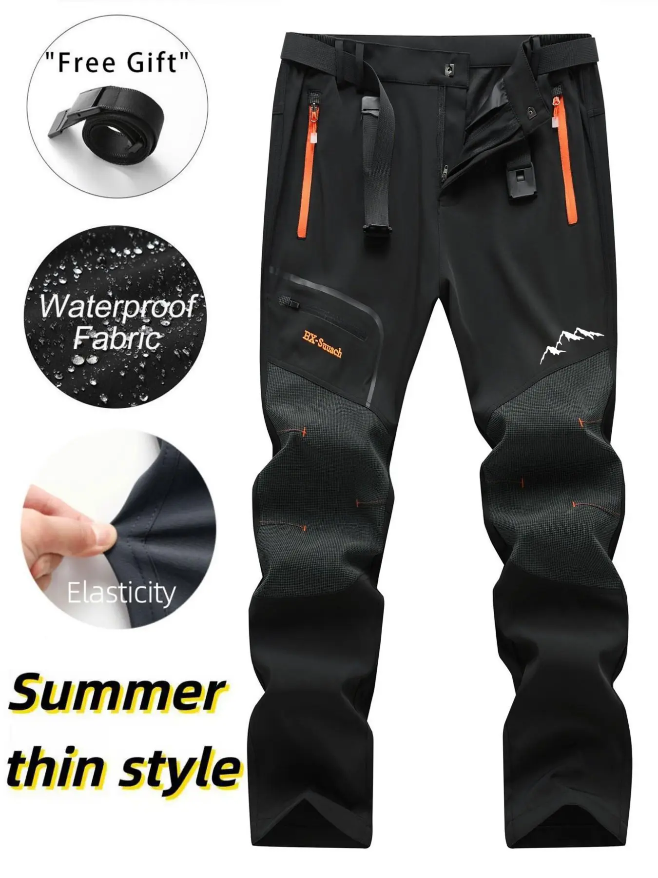 Outdoor Function Print Fleece Pants, Soft Shell Colorblock Waterproof Windproof, Knee Reinforced, Multiple Zip Pockets, Belt Included, Hiking Pants, Sporty Trousers, Outdoor Sports Trousers