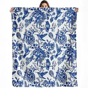 Blue White Floral Blanket Bird Flower Throw Blanket