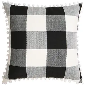 PiccoCasa Buffalo Check Plaid Throw Pillow Cover with Pompoms, 18 x 18 Inch, Retro Checkers Decorative Cushion Cover for Sofa Couch Bed Car Seat Decor