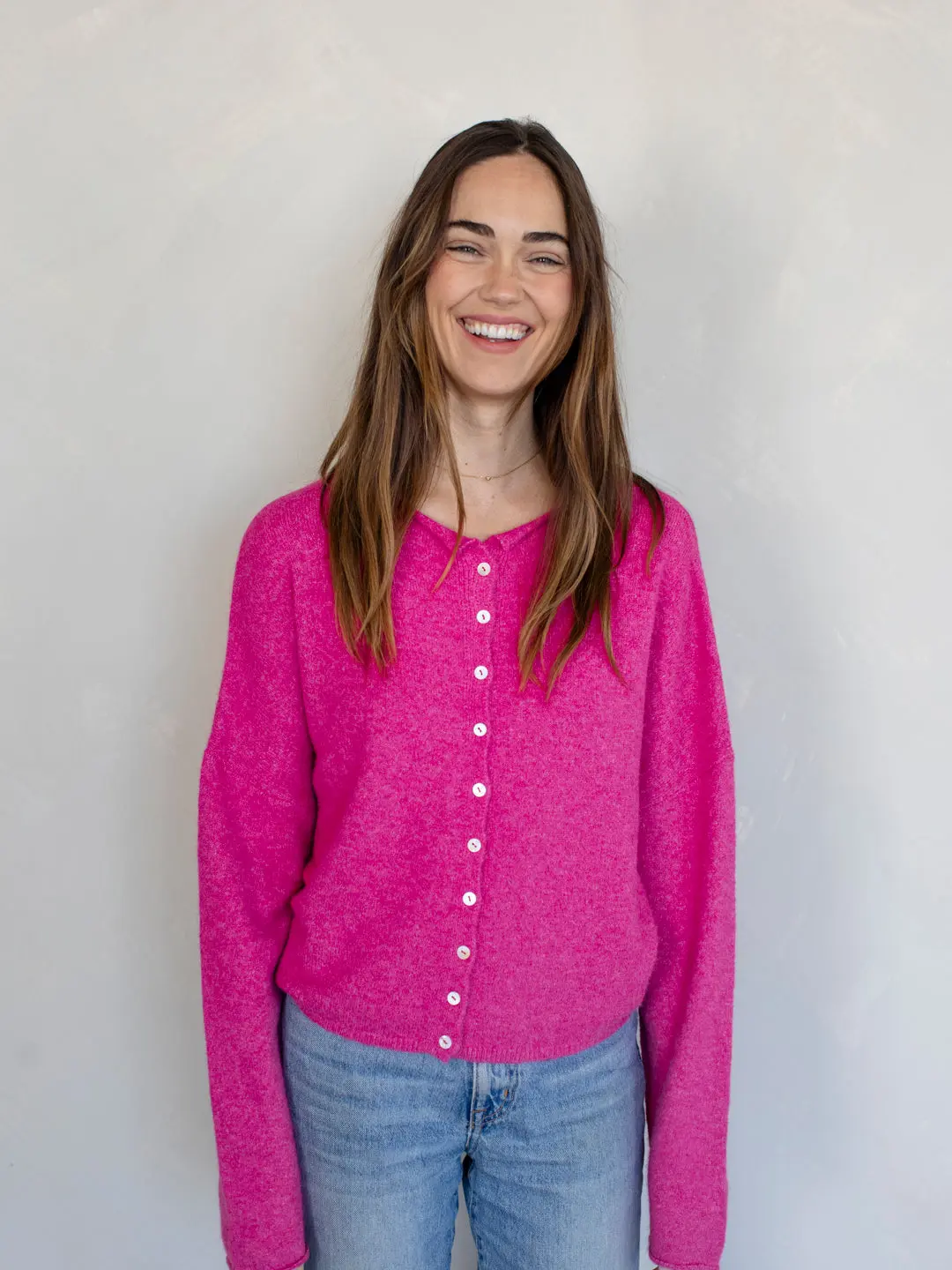 The Riggs Button-Down Sweater in Fuchsia