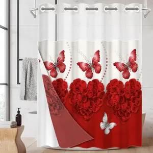 1pc hookless shower curtain with buckle lining, spring red rose and white butterfly design, 2D flat printing, fabric waterproof lining, see-through double-layer shower curtain, 71 x 74 inches, modern home draping curtain, Bathroom Curtain