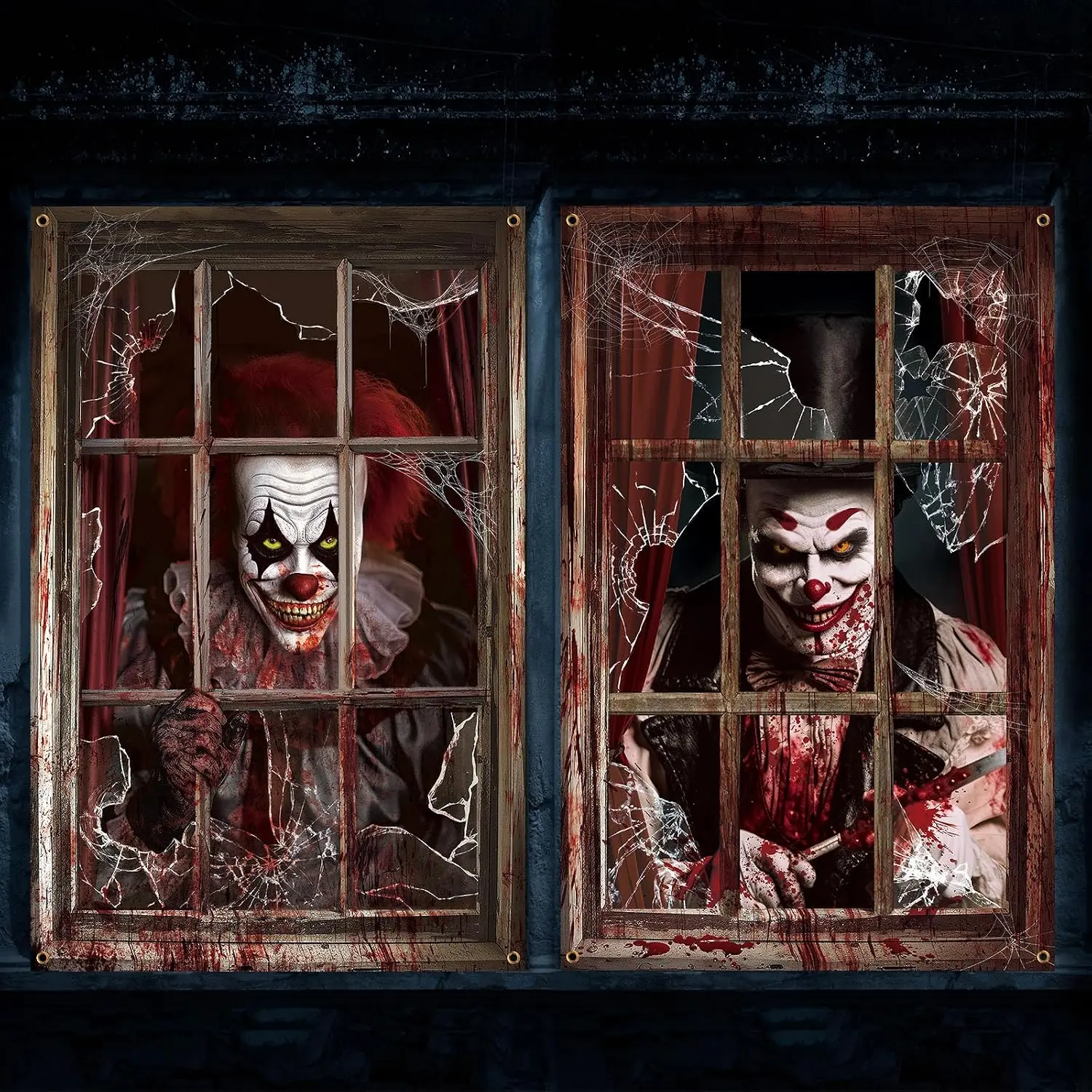 2-Pc Spooky Halloween Horror Curtain Set, Lightweight Window Silhouette Cover, Blood Clown Themed Party Decor for Indoor-Outdoor Wall Door Backdrop Banner