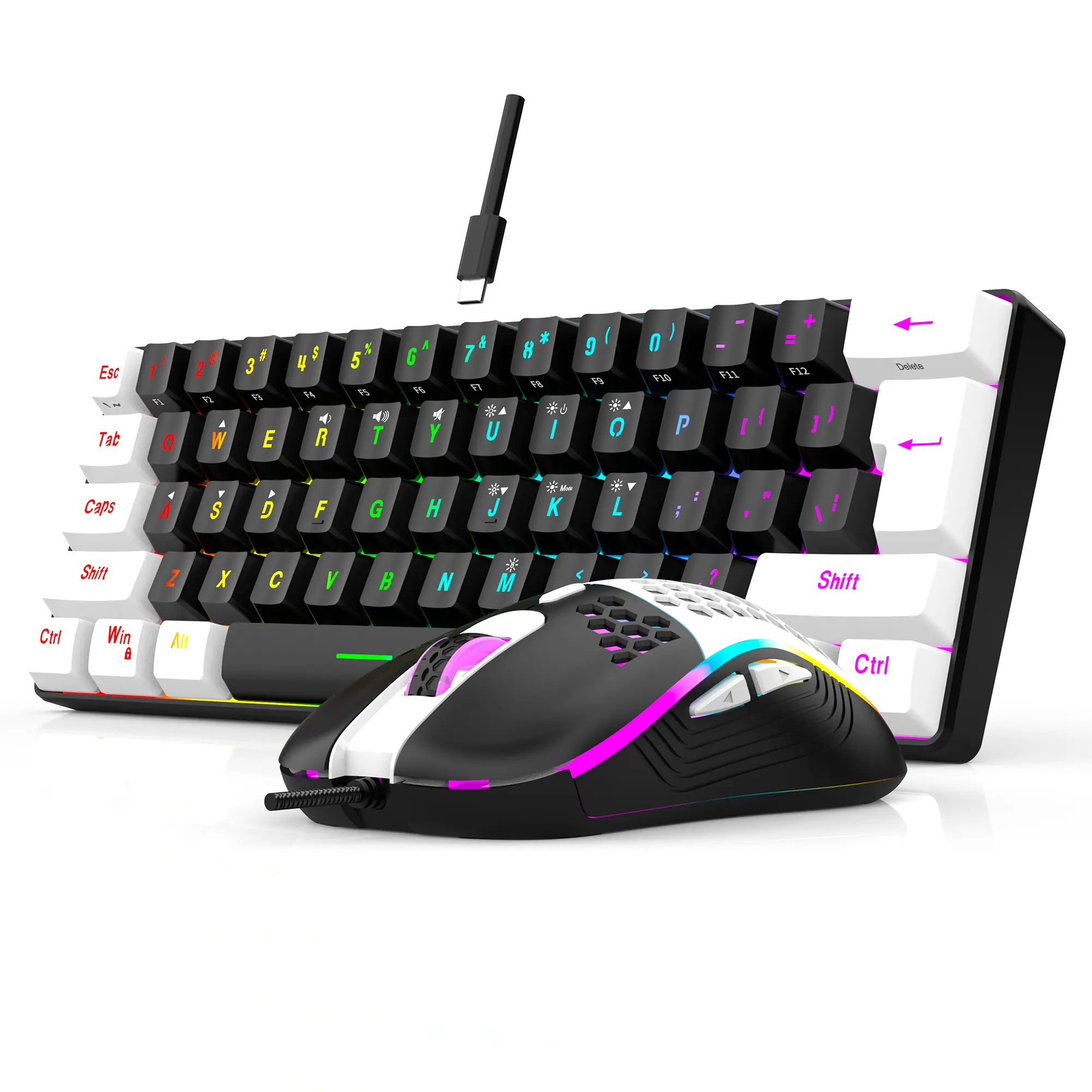 7KEYS Mini 61-Key Gaming Keyboard & Mouse Combo Set, 60% Compact Wired RGB Backlit Keyboard with Keycaps, 25-Key Anti-Ghosting, 6400 DPI Mouse, Portable Design for PC, Mac Gaming Setup, Backlight, Multi-Platform