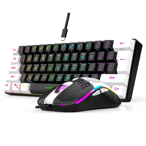 7KEYS 60% Compact 61-Key Wired RGB Backlit USB Powered Gaming Keyboard & Mouse Combo Set, Computer Game Hardware, PC Accessories, 25-Key Anti-Ghosting Keycaps, 6400 DPI Mouse, Portable for PC/Mac Modern Setup