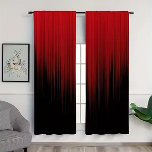 2pcs Red and black line gradient pattern Print Curtain, Half-Transparent Polyester, Fade Resistant, Hand Washable, Bedroom & Living Room Decor, Home Decoration Curtain