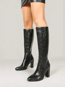 Women's European Style Pointed Toe High Heel Long Boots, Zipper Design, Stable Thick Sole, Vintage Fashion, Fall & Winter Essentials