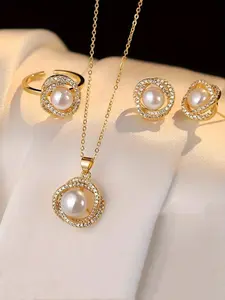 Faux Pearl & Rhinestone Decorated Jewelry Set, Elegant Pendant Necklace & Ring & Stud Earrings, Fashion Jewelry for Party, Daily Decor, Trendy All-match & Exquisite Jewelry for Birthday Gift