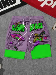 Men's 2-in-1 Liner Gym Shorts, Cosmic Space UFO Print Quick Dry Workout Shorts with Phone Pocket, Casual Summer Running Athletic Shorts