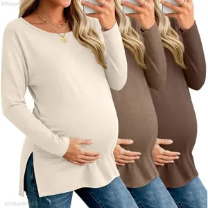 3 Pack Women's Maternity Long Sleeve T-Shirts Round Neck Side Split Tops Loose Casual Pregnancy Mama Clothes FallAUrbanNook2AEleqanza22