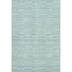 HomeRoots 666360 8 x 10 ft. Turquoise Gray & Ivory Striped Washable Machine Made Rectangle Area Rug with UV Protection
