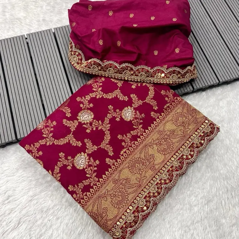 Women Saree with Border Wedding Dress - Red with Gold and Pink Border, Ideal for Special Occasions - Womenswear