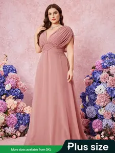 Sexy V Neck Batwing Sleeve Chiffon Bridesmaid Dress, Backless Cross Waist Pleated Maxi Party Gown, Pure Color Elegant Evening Wear