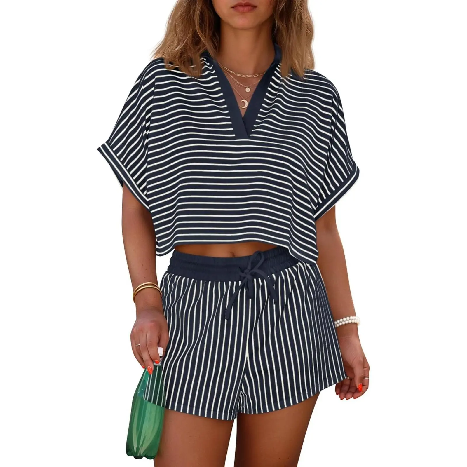Cicy Bell Womens Striped 2 Piece Short Sets Summer Short Sleeve Collared V Neck Cropped Tops Vacation Casual Lounge Outfits