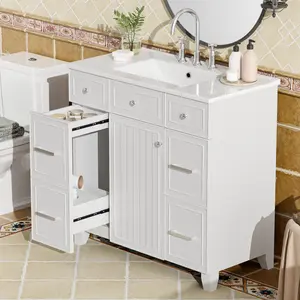 36" Bathroom Vanity with Ceramic Sink, White, Solid Wood Frame, Soft Close Doors, Adjustable Shelves, 3 Drawers ,Including Double-Depth Drawer for Hairdryer Storage(Old sku:SV000003AAW-2)   WL RR