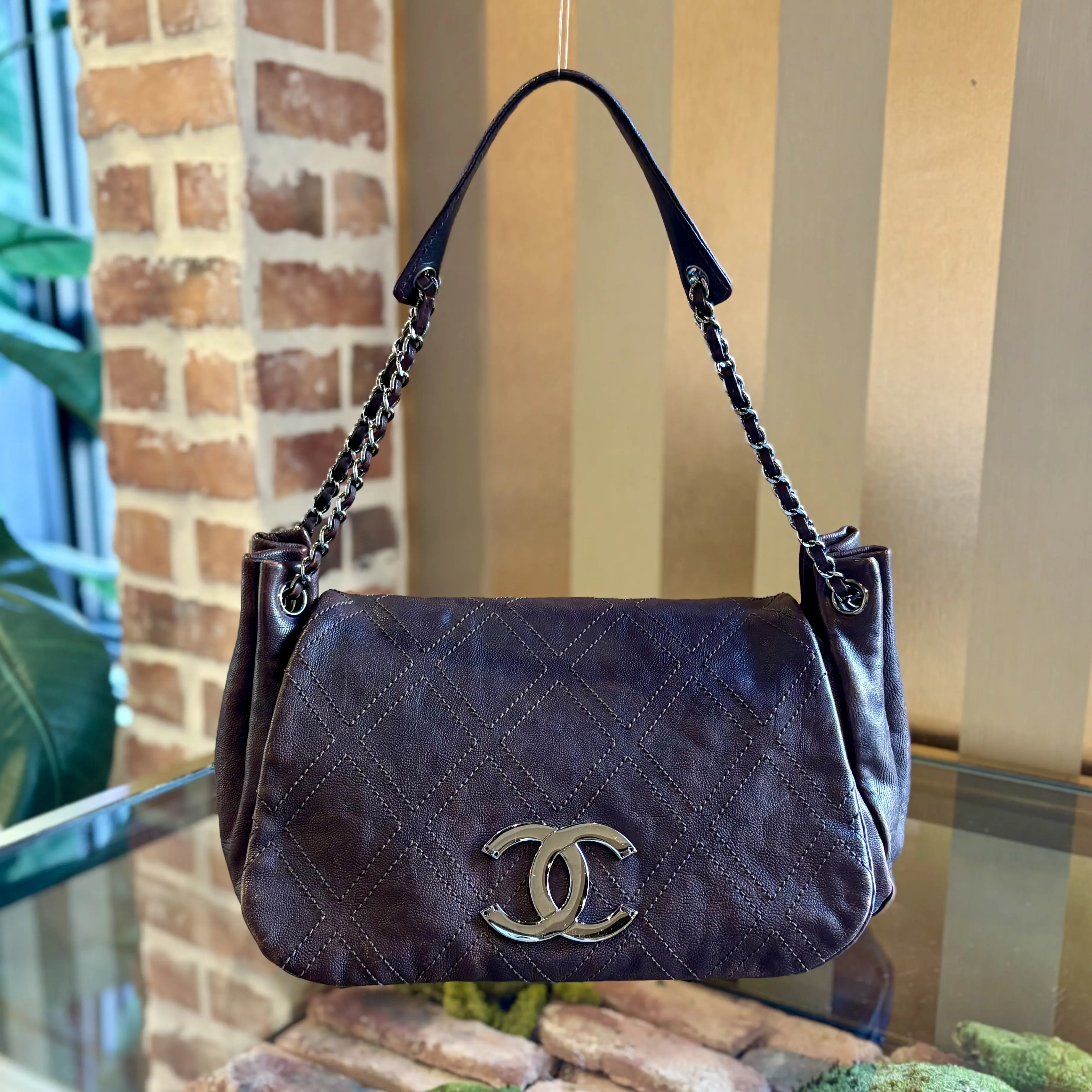 Pre-owned CHANEL Leather Shoulder Bags Brown Diamond Stitch Accordion Flap Bag