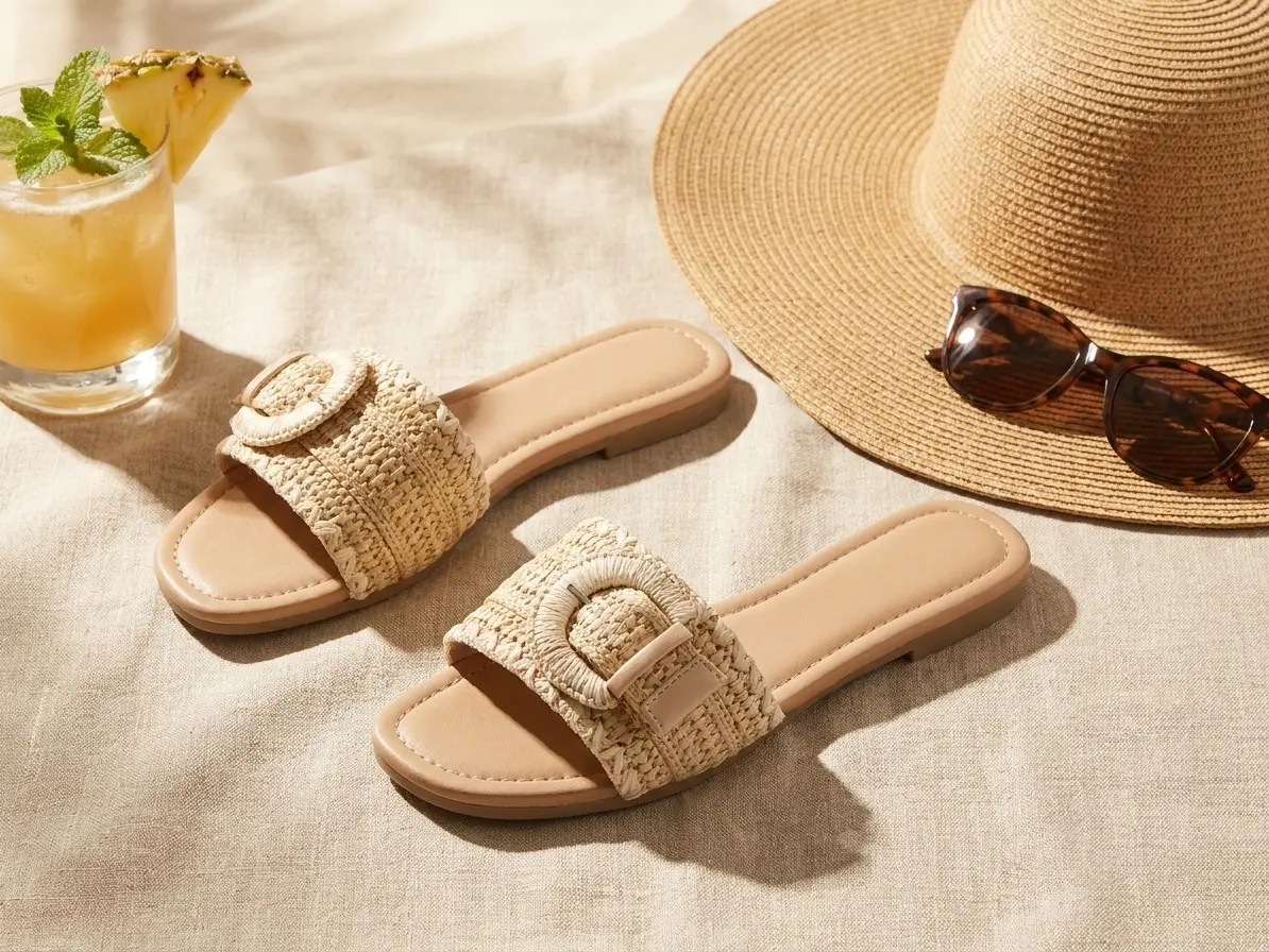 ESYAZO Woven Raffia Flat Slide Sandals – Premium Buckle Detail Resort Slip-On Shoes