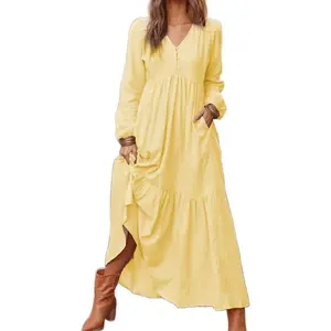 Women's Linen Maxi Dress Long Sleeve with Pockets Casual V-Neck Tiered Ruffle Dress Boho Beach Pleated Long Dress