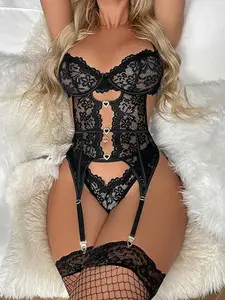 2026 4pcs Women's Floral Lace Mesh Lingerie Set Teddy BabydollBodysuit with Garter Belts,Valentine's Day Gift,MinimalistBasic Nightgown Sleepwear Party Soft outdoorfun
