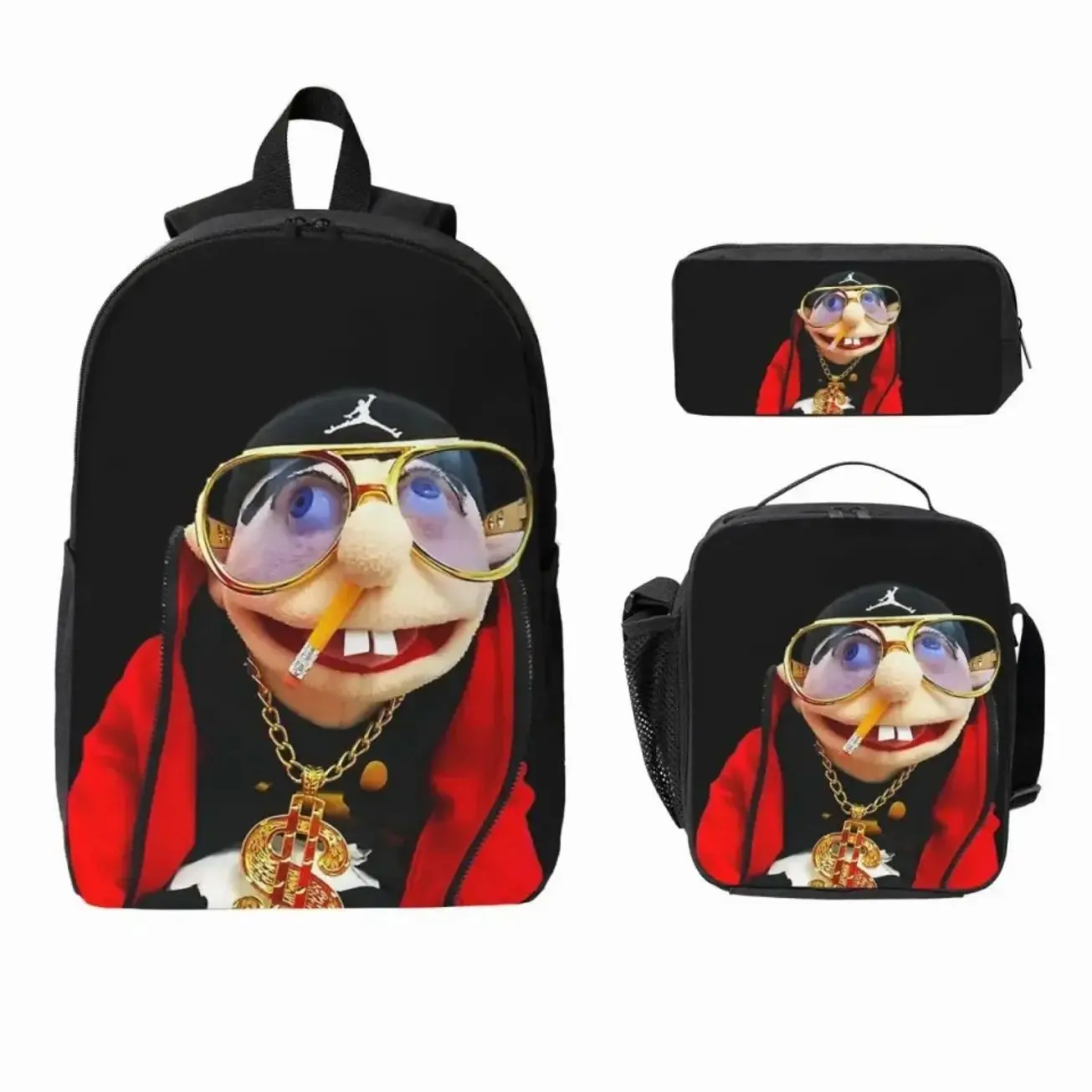 Cool Funny Puppet Rapper Student Backpack Set | 3Pcs Schoolbag Insulated Lunch Bag Pencil Case | Back to School Gift for Boys & Girls
