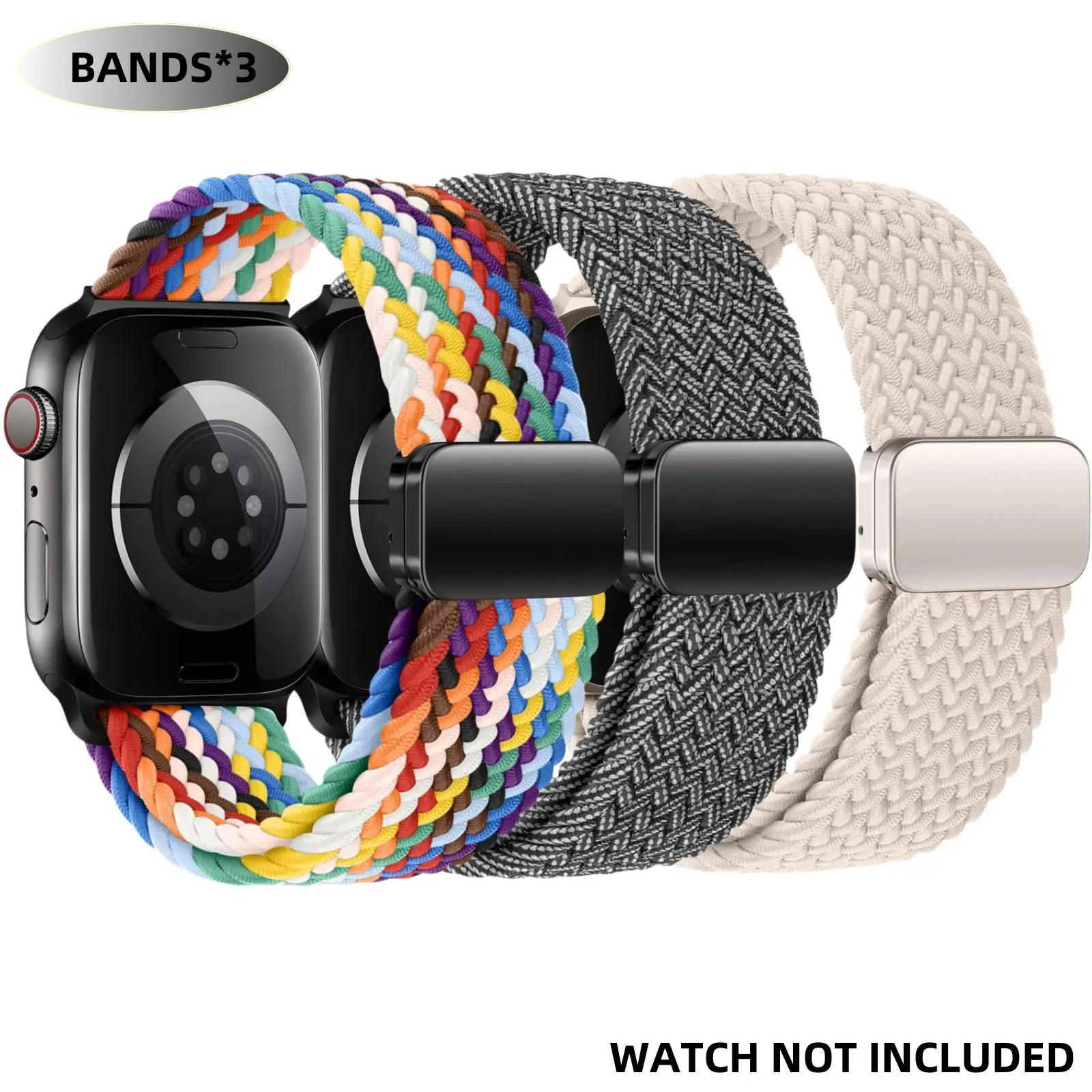 Magnetic Braided Solo Loop Band, 3 Counts Stretchy Nylon Elastic Sport Strap for iWatch SE/Ultra 1/2, Replacement Watch Band for Apple Watch Series 10