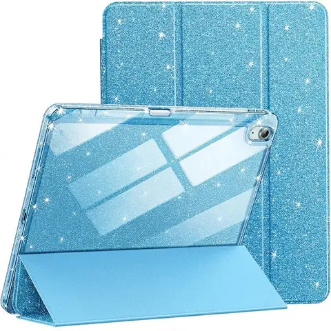 PU Leather Cover for iPad 10th Gen & 11th Gen (A16) - Shiny Crystal Casing with Pencil Holder, Slim Smart Cover, Trifold Stand, Auto Wake, Kid-Focused Cute Sky Blue Tablet Protection Accessory