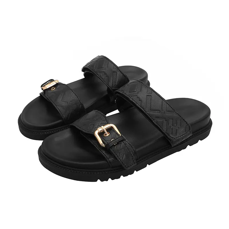 Plus Size Women's Shoes Thick Sole Metal Buckle One-Word Velcro Flat Sandals Fashion Versatile Lazy Beach Shoes