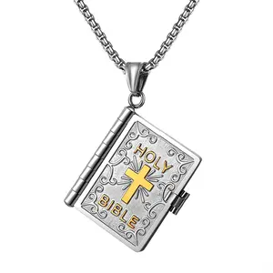 Women's Bible Book Necklace: Silver Stainless Steel Book-shaped Pendant with Gold Cross Necklaces Christian Religious Jewelry for Engagement Birthday