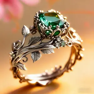 Green Emerald Leaf Wedding Ring for Women Vintage Green Gemstone Leaf Rings