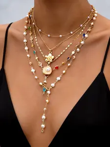 5-Piece Elegant Flower Shell Pendant Necklace Set, Y-Chain Multi-Layered, Fake Pearl, Rainbow Rhinestones, Perfect for Women