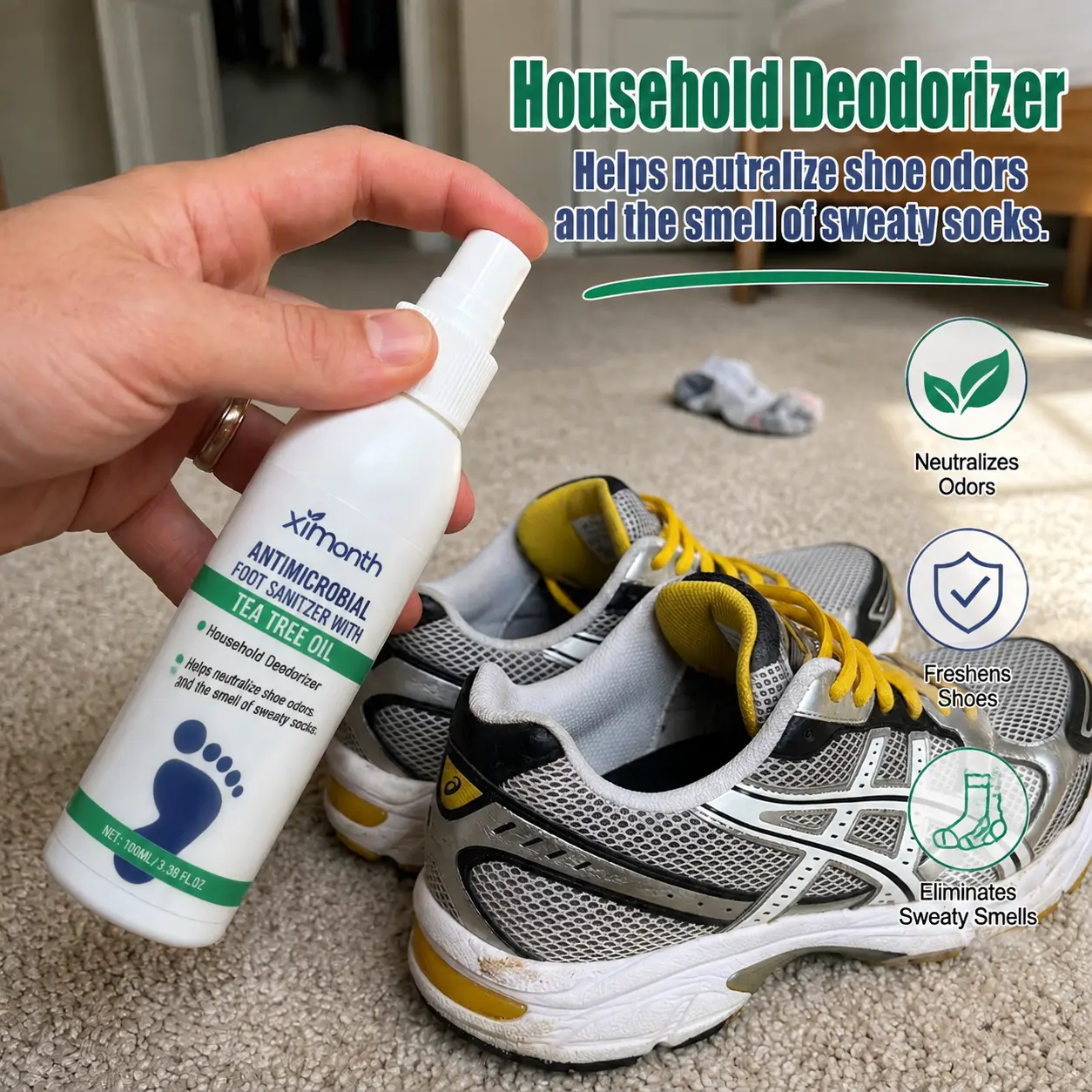 Foot Spray for Odor Control, Ximonth Tea Tree Oil Foot Sanitizer for Dry Feet Care, Plantar Moisturizing & Deodorizing Formula, Helps Freshen Feet, Shoes and Support Nail Care