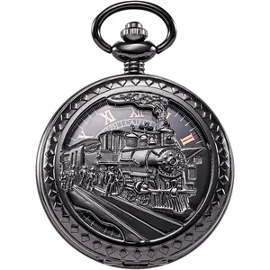Mens Womens Antique Mechanical Pocket Watch Skeleton Black Case Steam  Railroad Roman Numerals