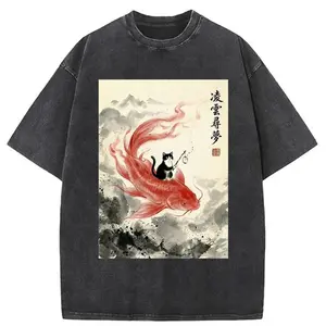 Vintage Acid Washed Black Oversized Chinese Ink Streetwear T-Shirt with Koi Fish & Black Cat Art, Zen Mountain Grunge Aesthetic 100% Cotton Unisex Tee