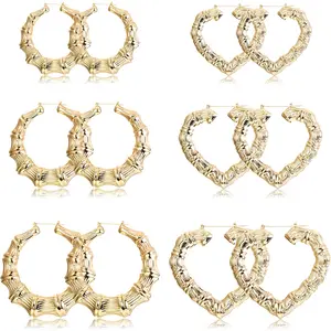 Fansilver 6-10 Pairs Bamboo Earrings Set Hollow Casting Hip-Hop Large Bamboo Earring For Women Oversize Hoop Earrings Set Fashion Jewelry