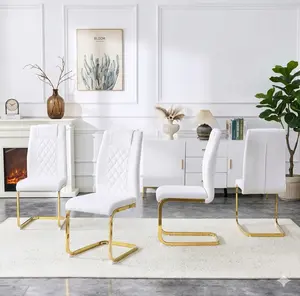 Set of 4 Modern White Dining Chairs, PU Faux Leather Mid-Century Kitchen Chairs with Gold C-Frame Legs, Luxury Upholstered High Back Side Chairs for Dining Room