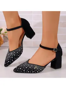 Minimalist Elegant Black Suede Heels with Sparkly Rhinestones, Bridal & Formal Footwear
