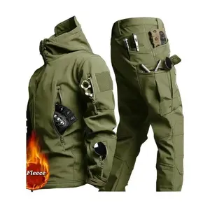 Men's Windproof Fleece-Lined Tactical Jacket & Cargo Pants Set - Multi-Pocket for Hiking & Winter  Hoodie Long Sleeve Green Gamis Clothes Tops Suits Fathersdaygift Outdoor